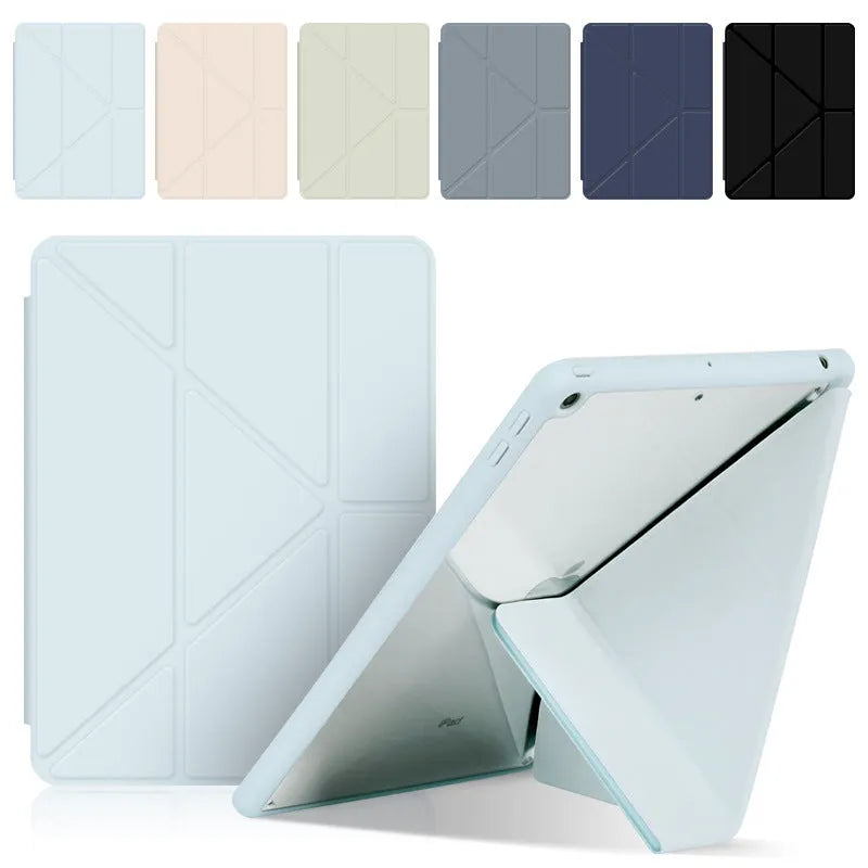 iPad protective case with Y-shaped folding bracket stand and Apple Pencil storage slot in imitation leather