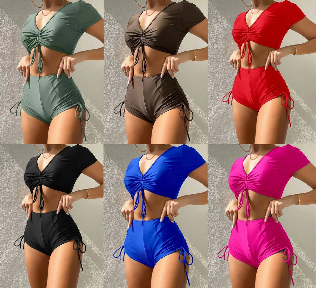 Women's lace-up bow two-piece swimsuit in polyester with matching top and shorts