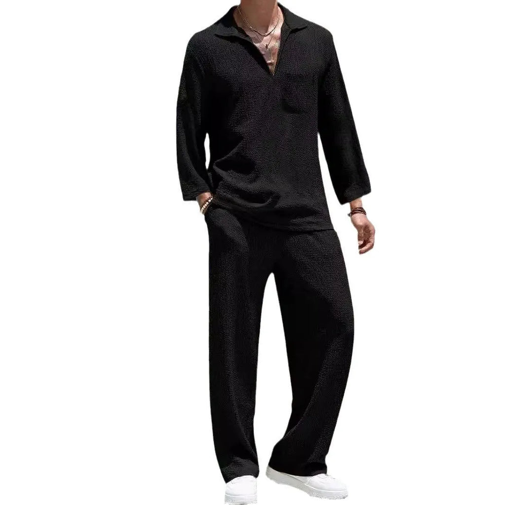Men's casual commuter suit comprising shirt jacket and matching trousers in polyester fabric