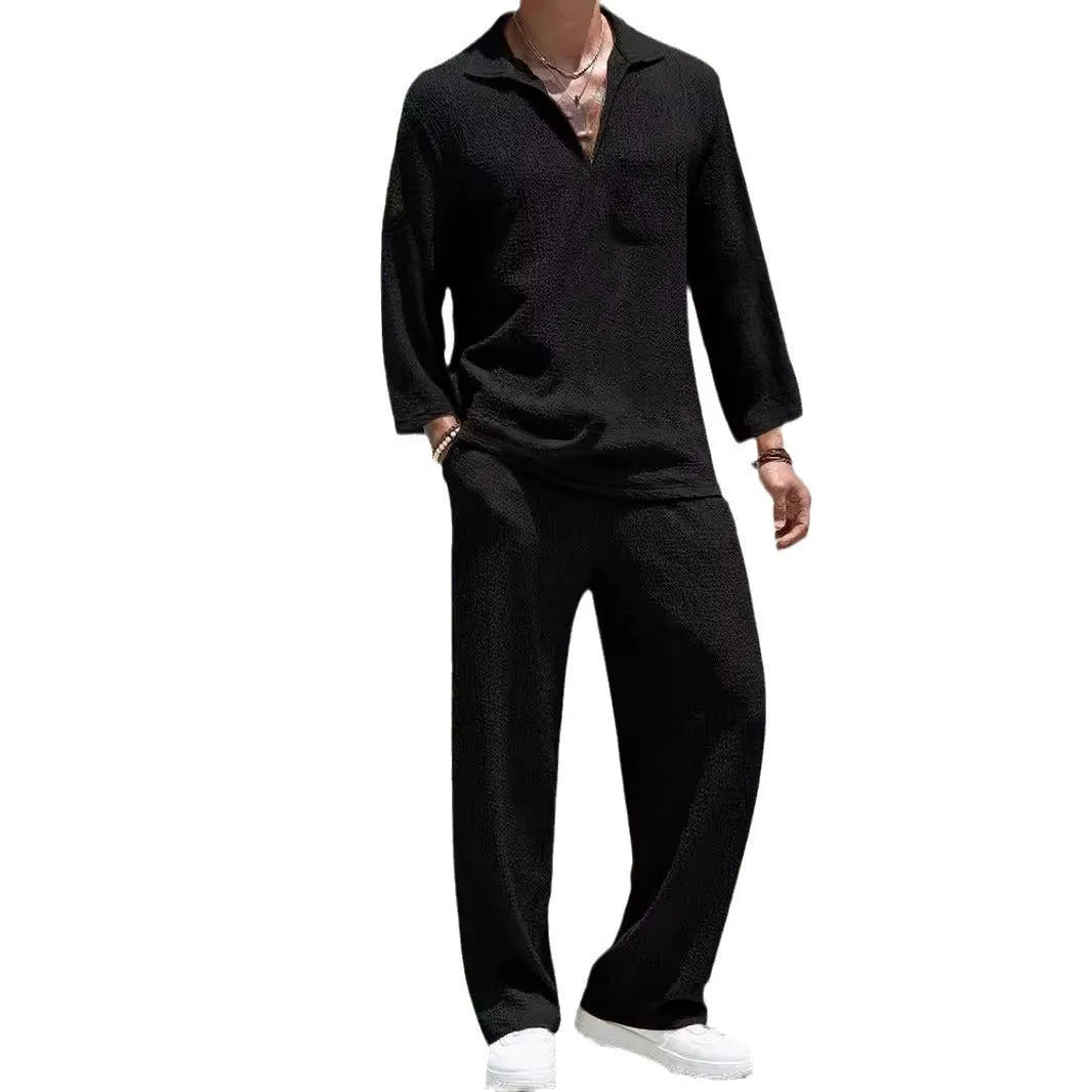 Men's casual commuter suit comprising shirt jacket and matching trousers in polyester fabric