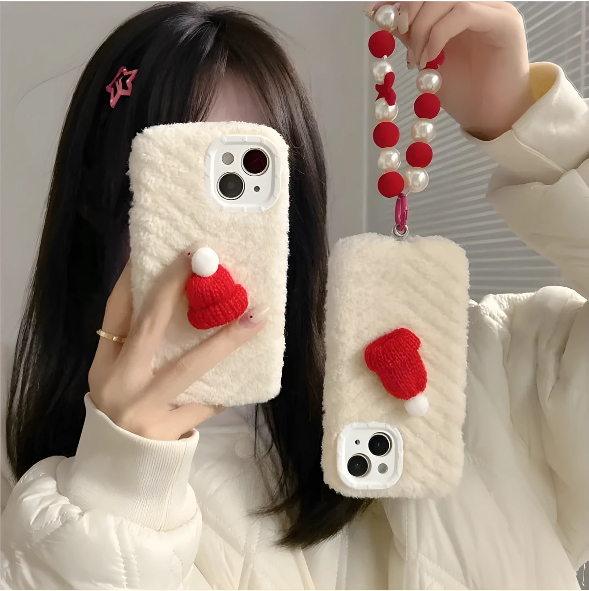 Red Christmas hat iPhone case with plush bracelet for iPhone 14, 13, 12 and 11 models, silicone back cover.