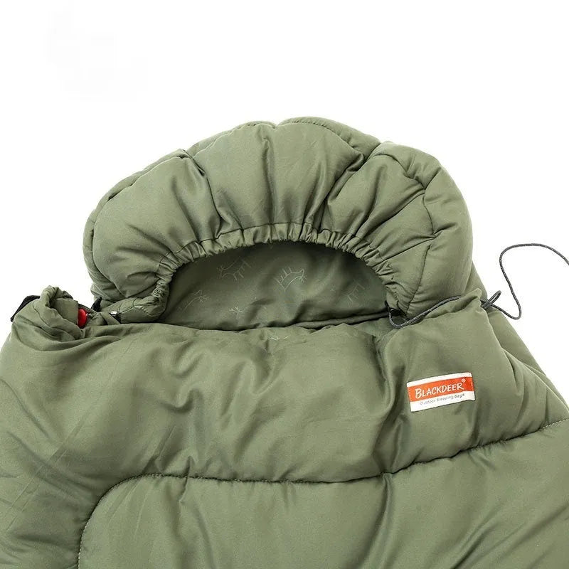 Cotton camping sleeping bag quilt in ochre or olive green colours showing lightweight portable design