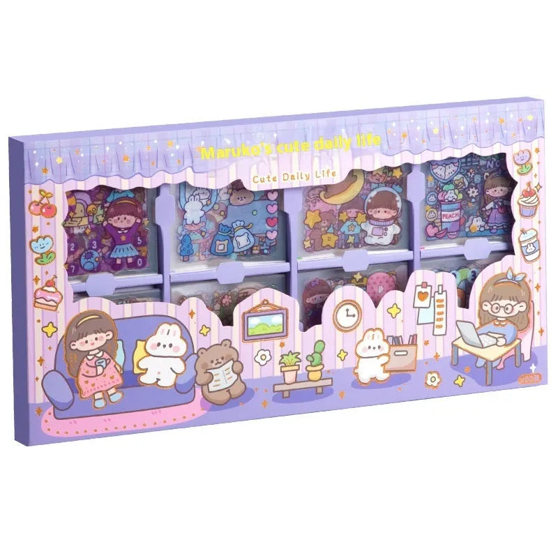 Box of children's stickers with designs for notebooks and cards, showing five colour themes.