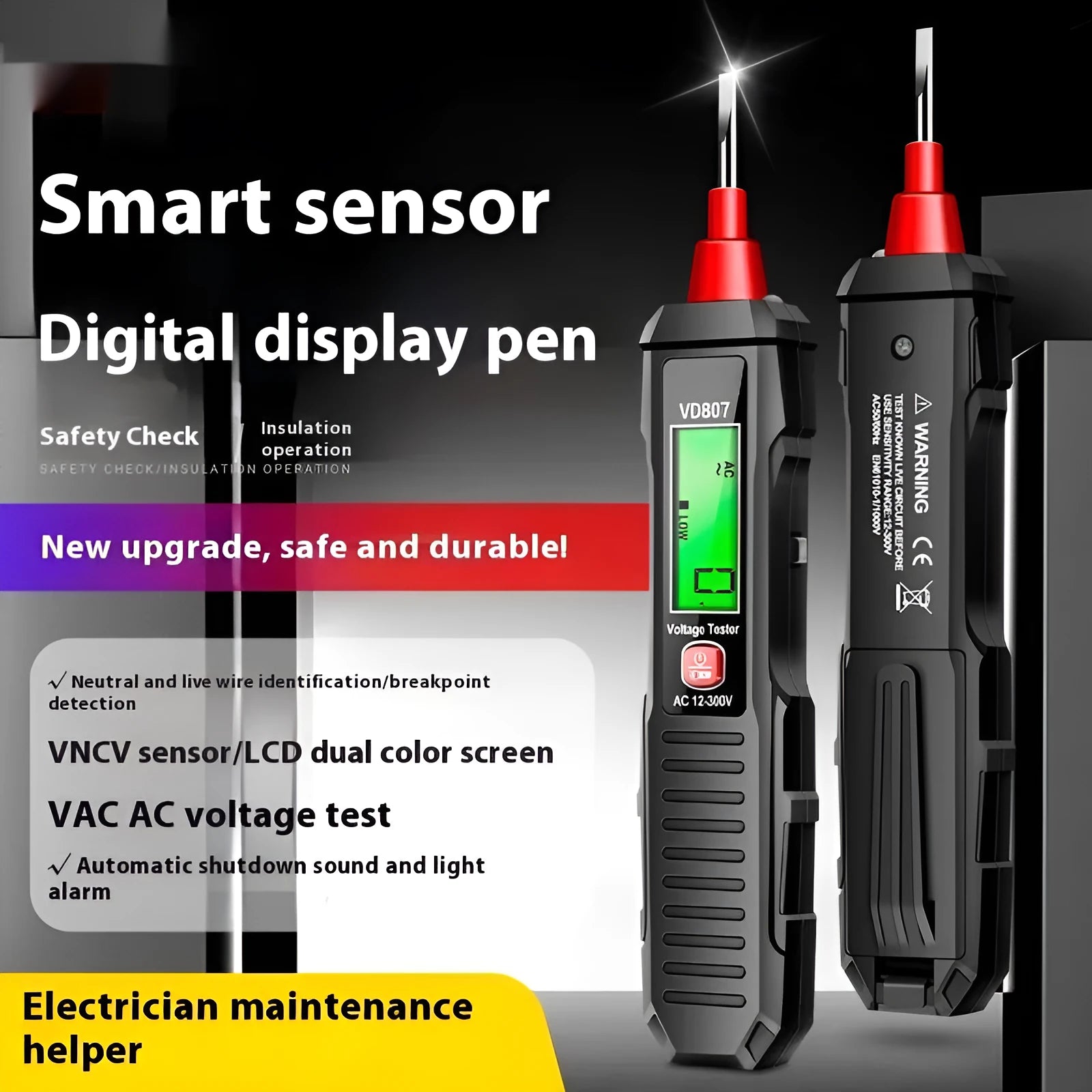 Digital voltage measuring pen with LCD display for 12V to 300V testing
