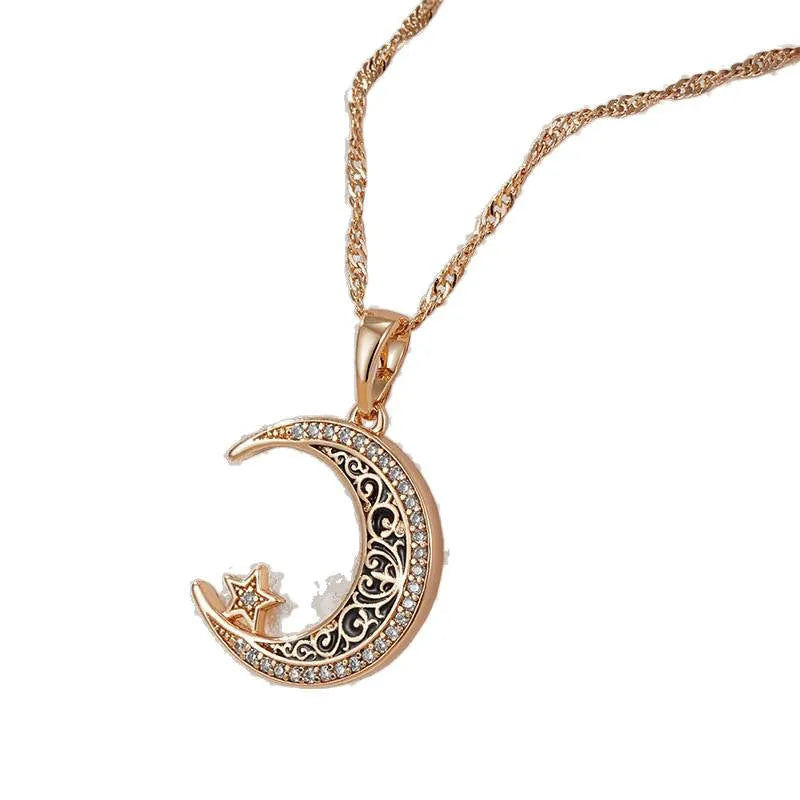 Rose gold star moon necklace with zircon pendant on adjustable water wave chain showing celestial design