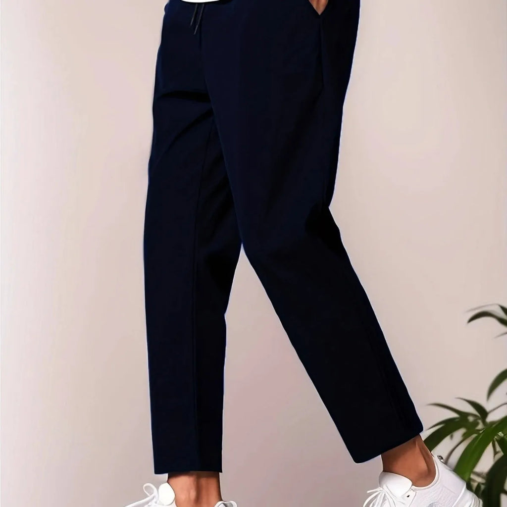 Men's slim-fit ankle length polyester trousers, mid waist tapered cropped pants in black, grey, dark green, navy blue