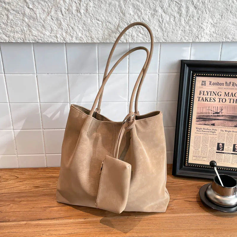 Women's large-capacity matte suede shoulder bag in horizontal rectangle shape with stitched seams