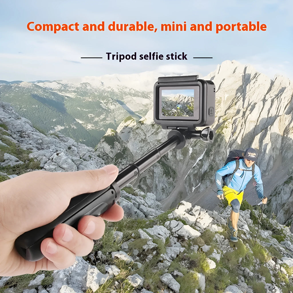 Mini telescopic selfie stick tripod in black with phone holder, 12cm to 23.2cm, ABS silicone