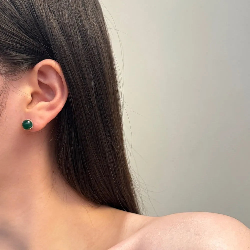 S925 sterling silver green chalcedony stud earrings with platinum electroplating and geometric round shape