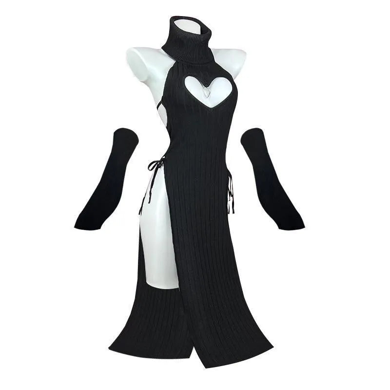Women's fleece-lined high-neck cheongsam dress in solid black, white, pink, brown, or blue Lycra knit, one size and plus size.