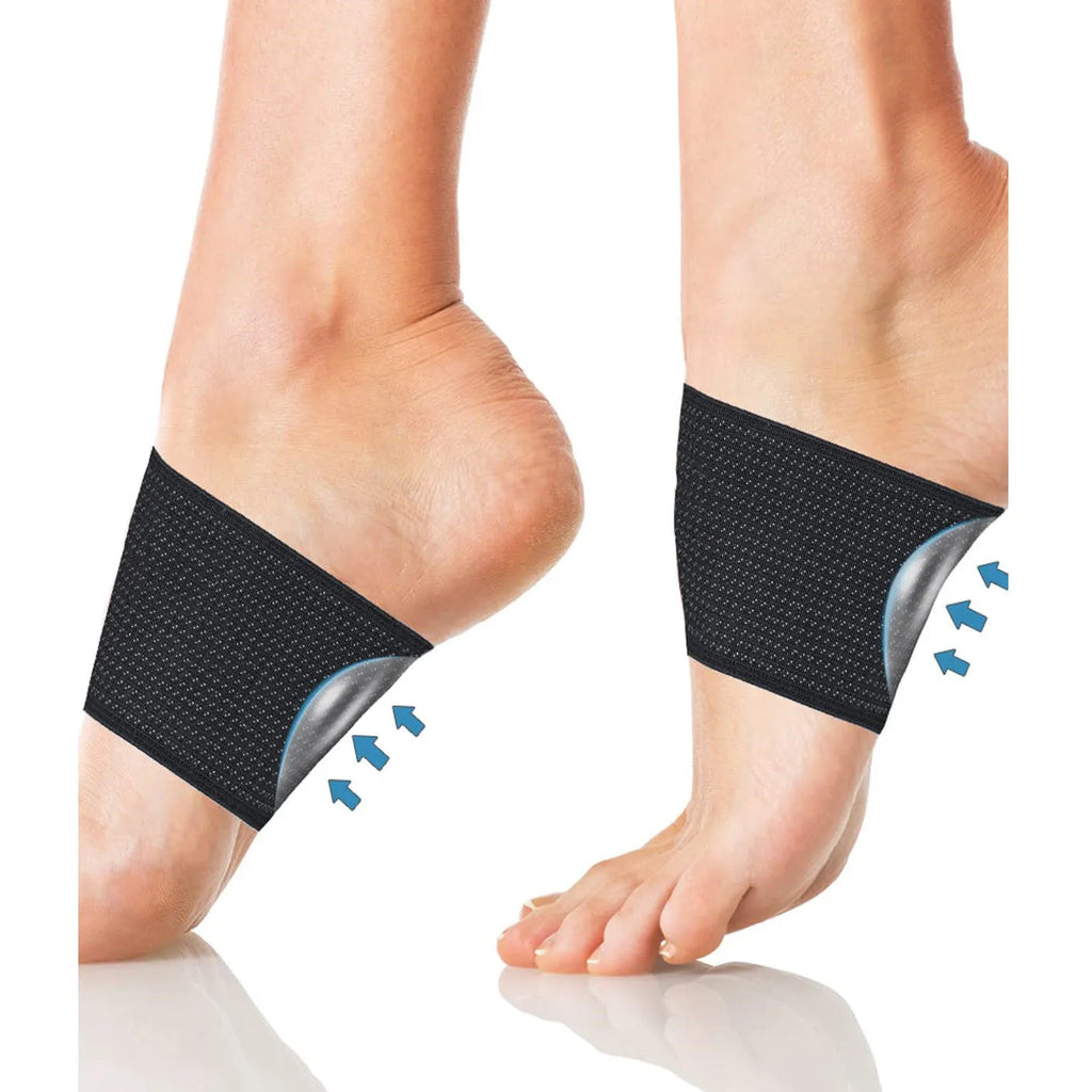 A pair of white elastic foot bandages with a central heart-shaped pad for arch support, on a plain background.