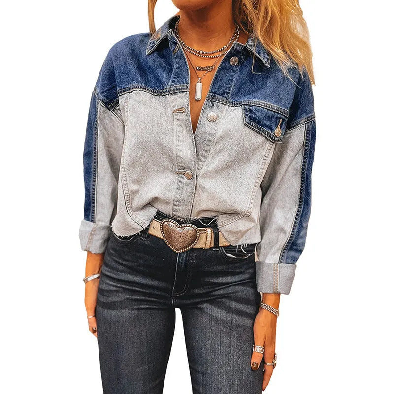Women's denim coat with single row buckle fastening in loose fitting style