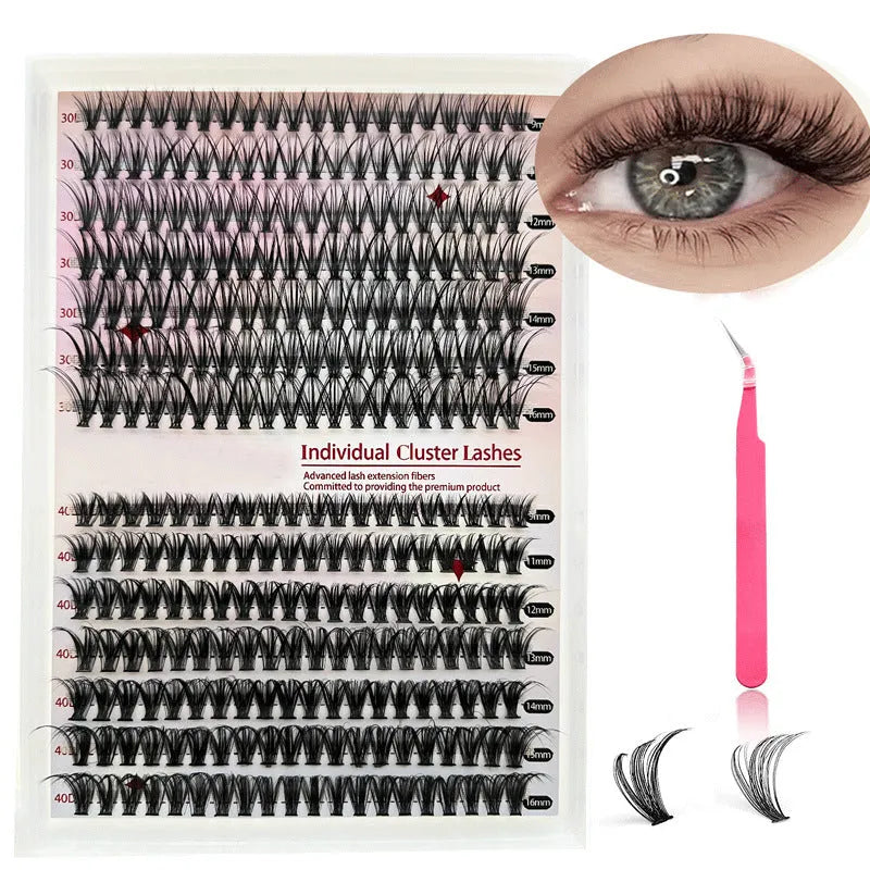 DIY false eyelashes cluster package showing 30D and 40D density lashes with tweezers in 9-16mm lengths