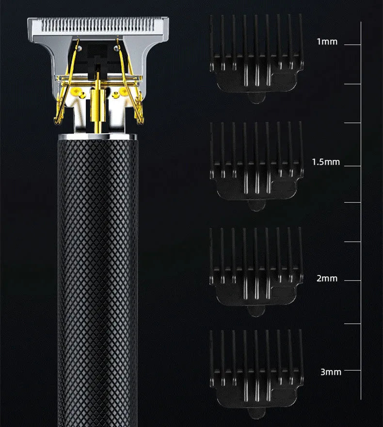 Black USB rechargeable electric hair clipper with gold steel blades and four guide combs