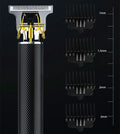 Black USB rechargeable electric hair clipper with gold steel blades and four guide combs