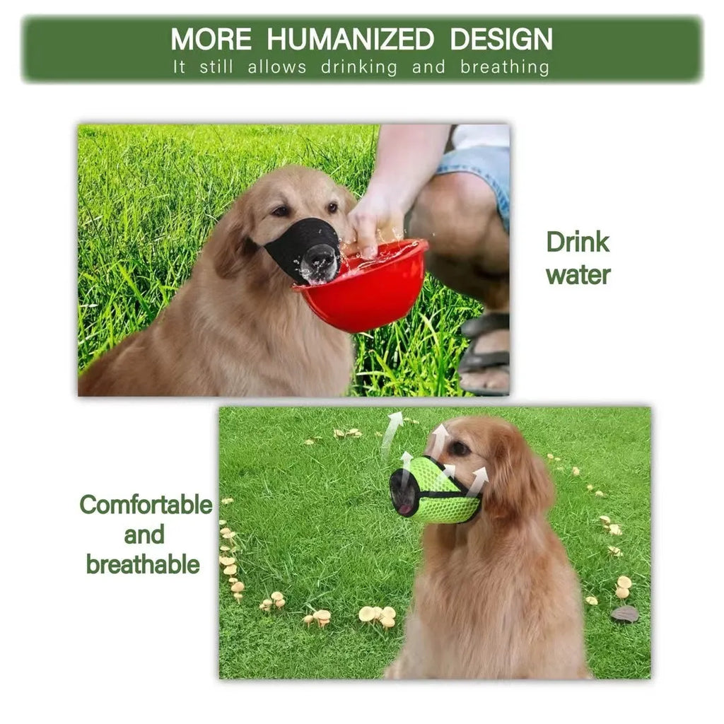 Breathable mesh dog muzzle with adjustable buckle in black, grey, or green, sizes S to XXL for biting and barking.