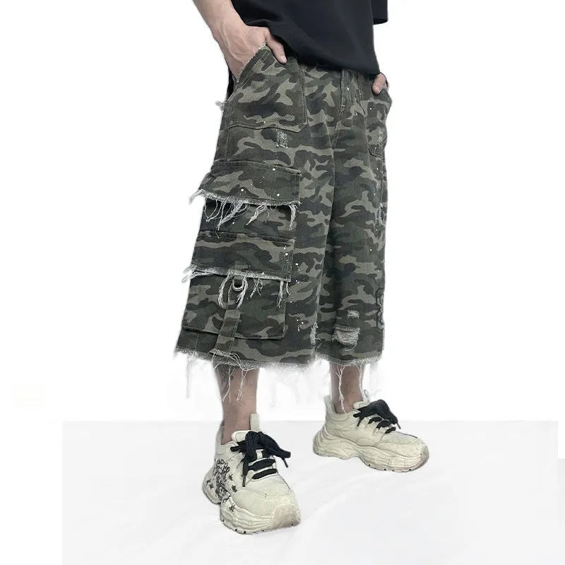 Camouflage casual shorts, cotton wide leg summer workwear burrs set, sizes S to 2XL