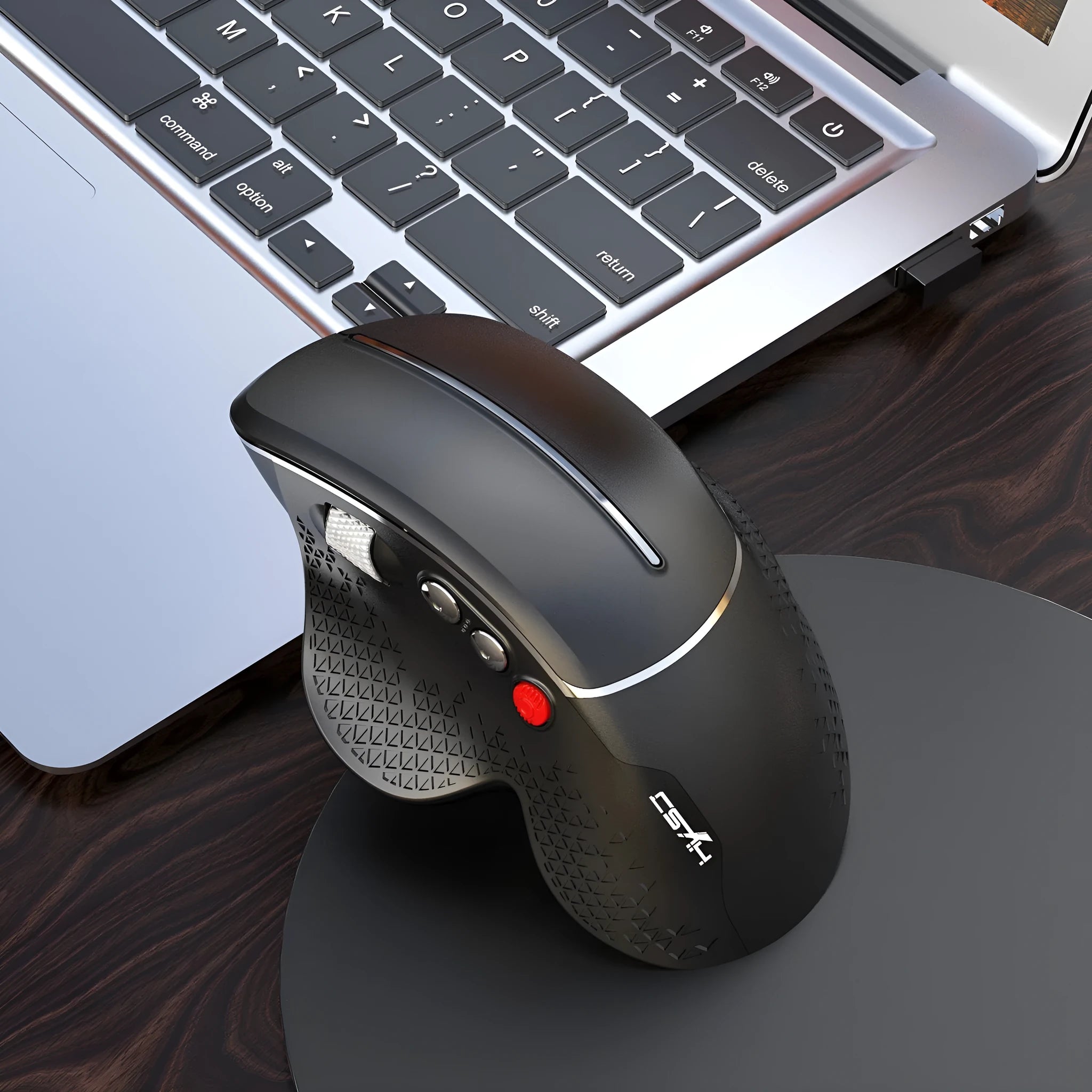 T32 wireless vertical ergonomic mouse in black matte finish showing aluminium side roller and six-button layout