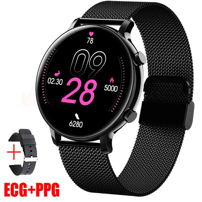 Black business smartwatch with stainless steel strap on a wrist, showing call and health tracking screen.