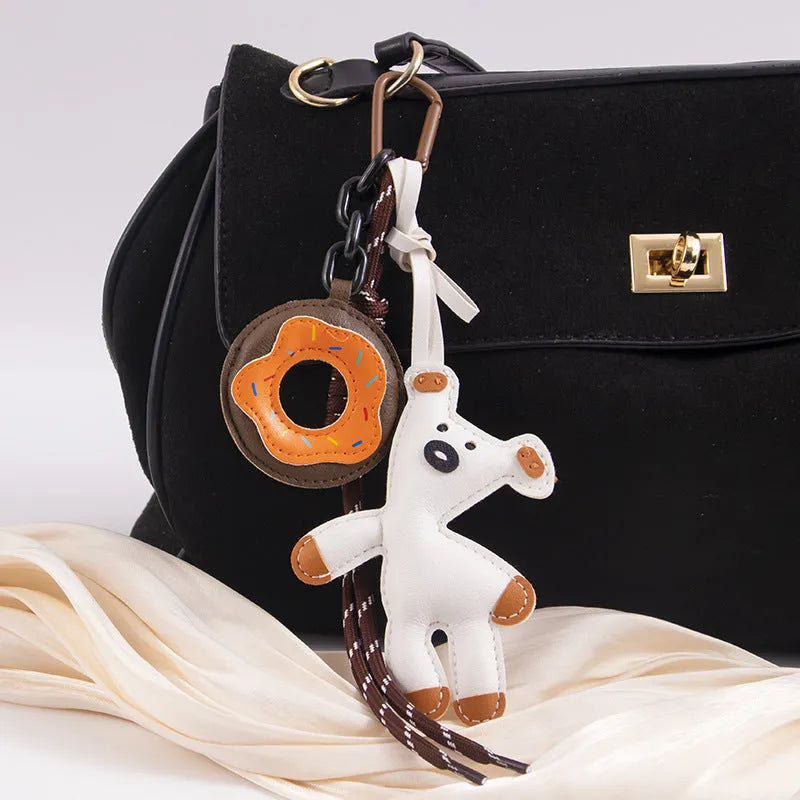 PU leather bear bag charm keychain with donut design in brown, pink, black, white, or rose red.