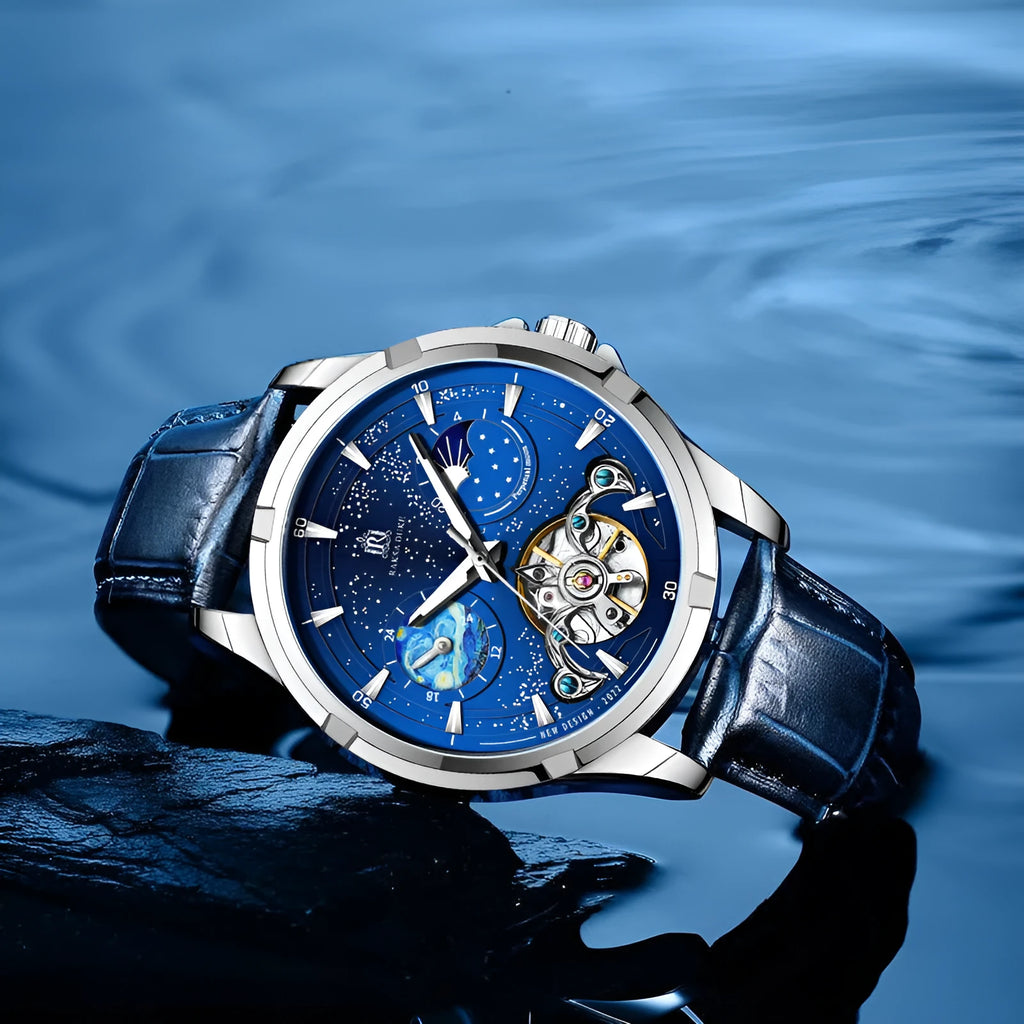 Men's blue automatic mechanical watch with 14mm case thickness showing T885B dial detail