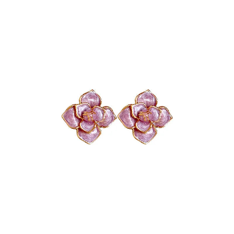 Golden-purple oil-spot glaze floral stud earrings with gold plating on copper base.
