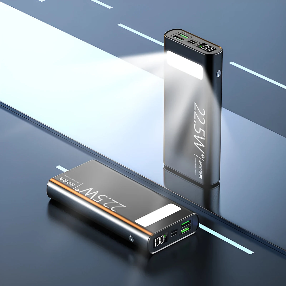 Alloy shell power bank with LCD display showing battery percentage in black, blue, green, or red colour options