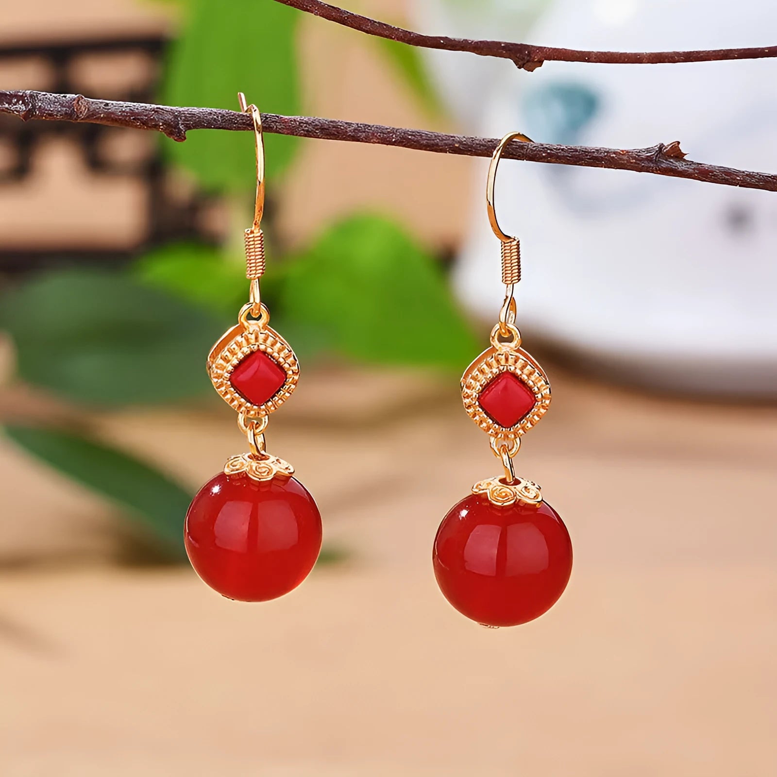 Southern red agate round bead earrings with geometric S925 silver jasper inlay