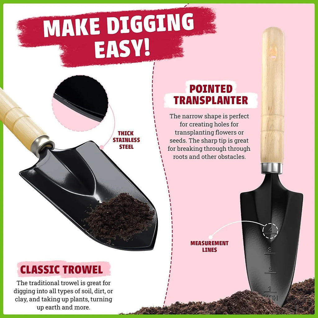 Eight-piece stainless steel gardening tool set with spade, fork, trowel, hand rake, and weeder