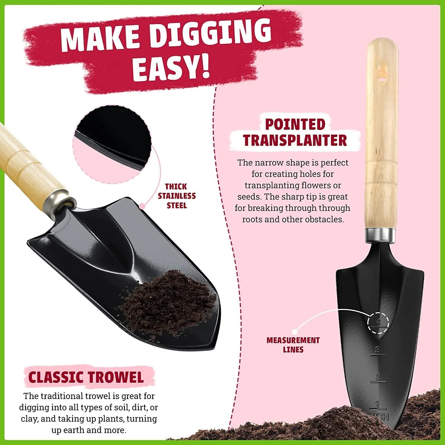 Eight-piece stainless steel gardening tool set with spade, fork, trowel, hand rake, and weeder