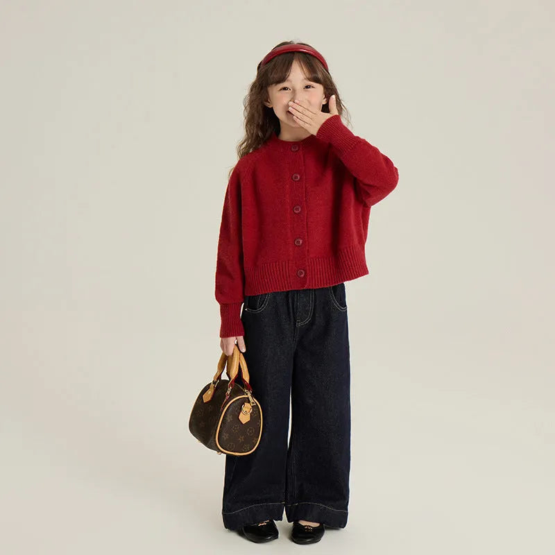 Girl's red knitted cardigan, Korean style, single-breasted, long sleeve, sizes 90cm to 160cm