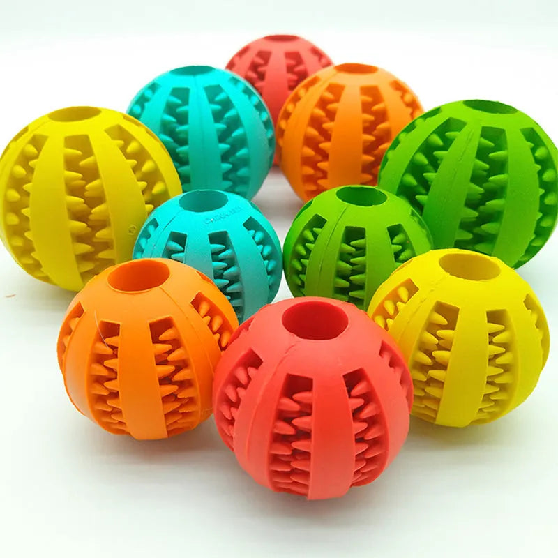Rubber slow feeder dog ball toy in blue green red orange yellow sky blue, 5cm and 7cm sizes