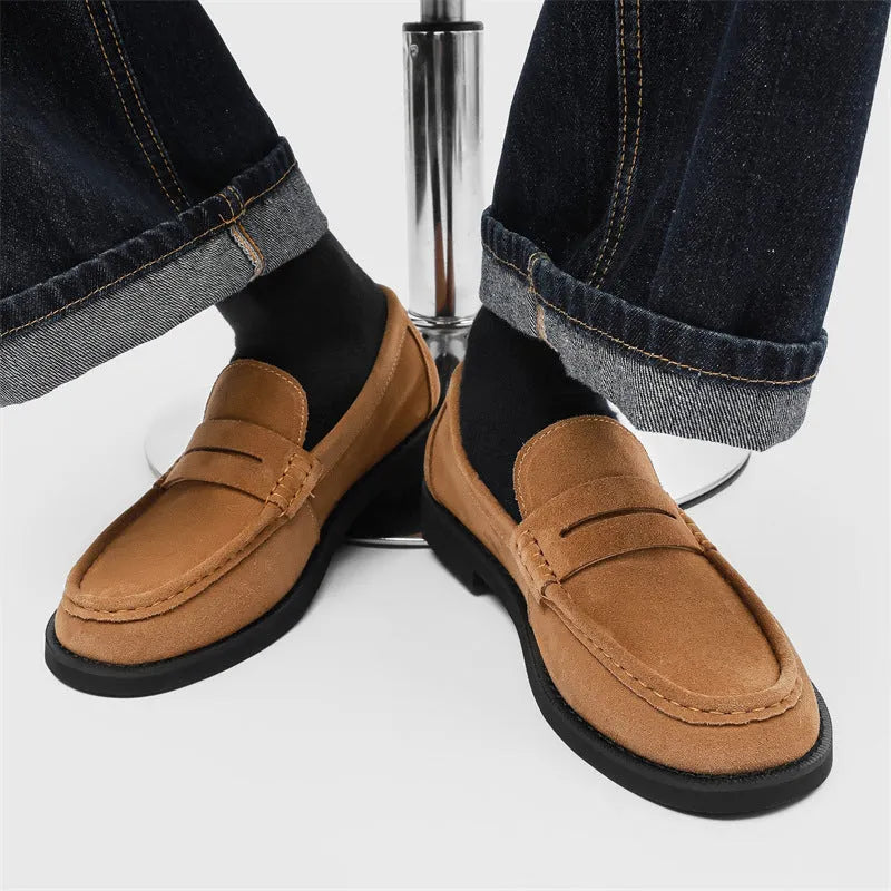 Microfiber slip-on casual shoes in retro business style showing black, beige, apricot and brown colour options
