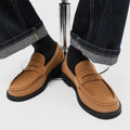 Microfiber slip-on casual shoes in retro business style showing black, beige, apricot and brown colour options