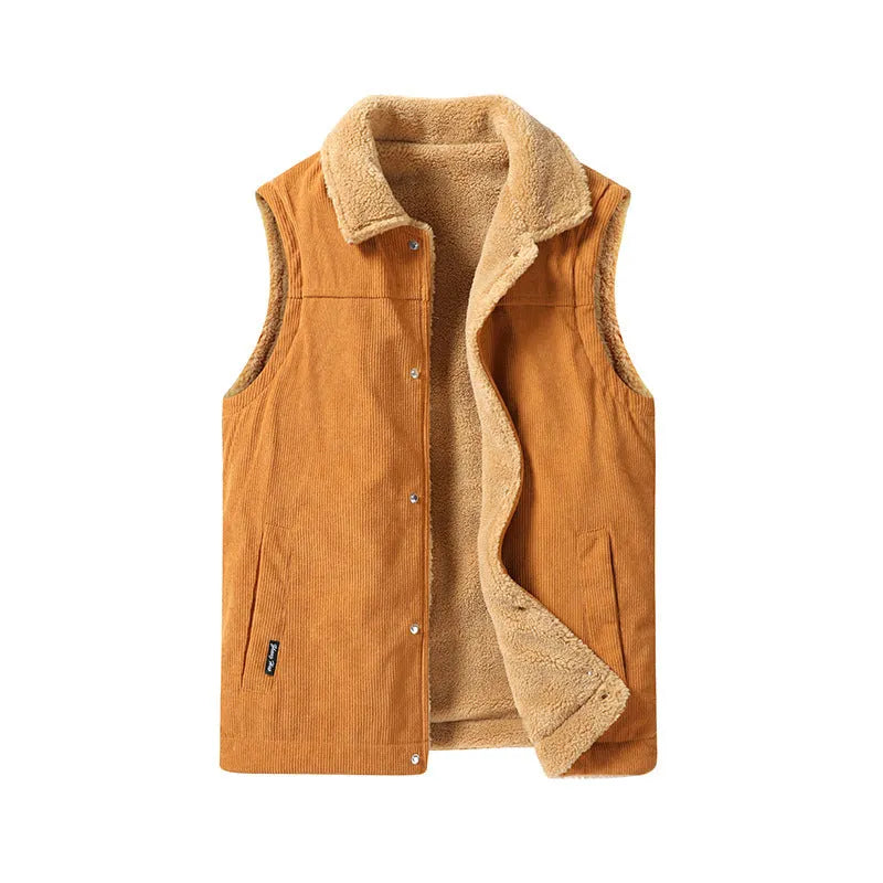 Men's corduroy flip collar warm jacket in Army Green, full zip, polyester fibre fill