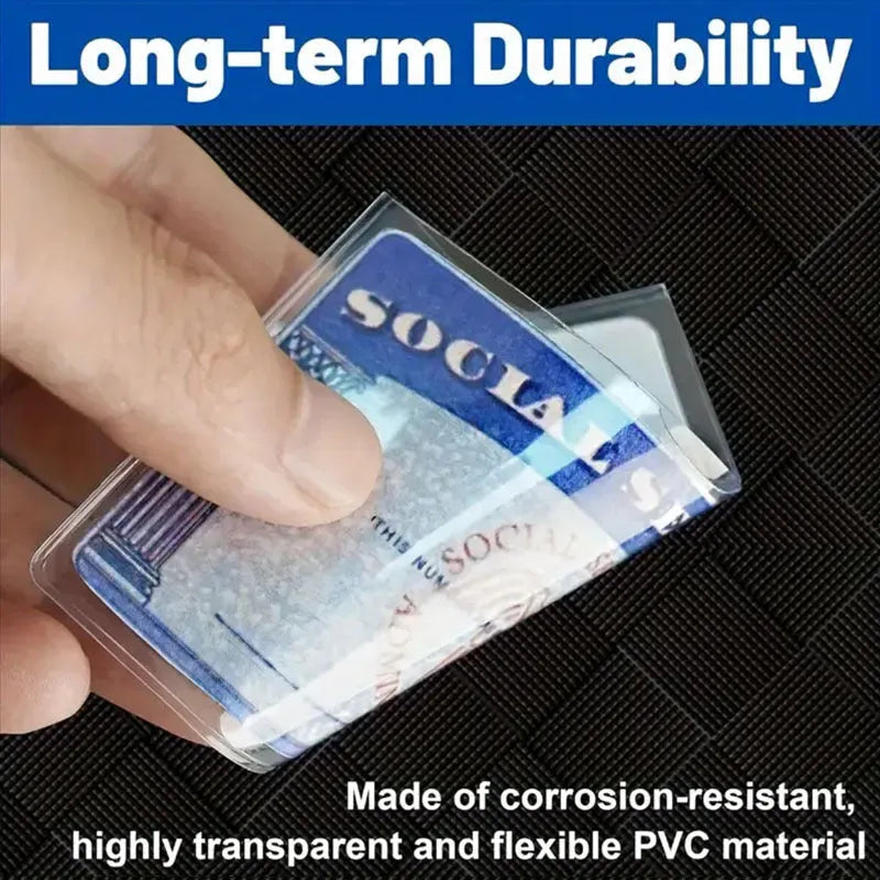 Clear PVC social security card holder measuring 9.7 by 5.9 centimetres.