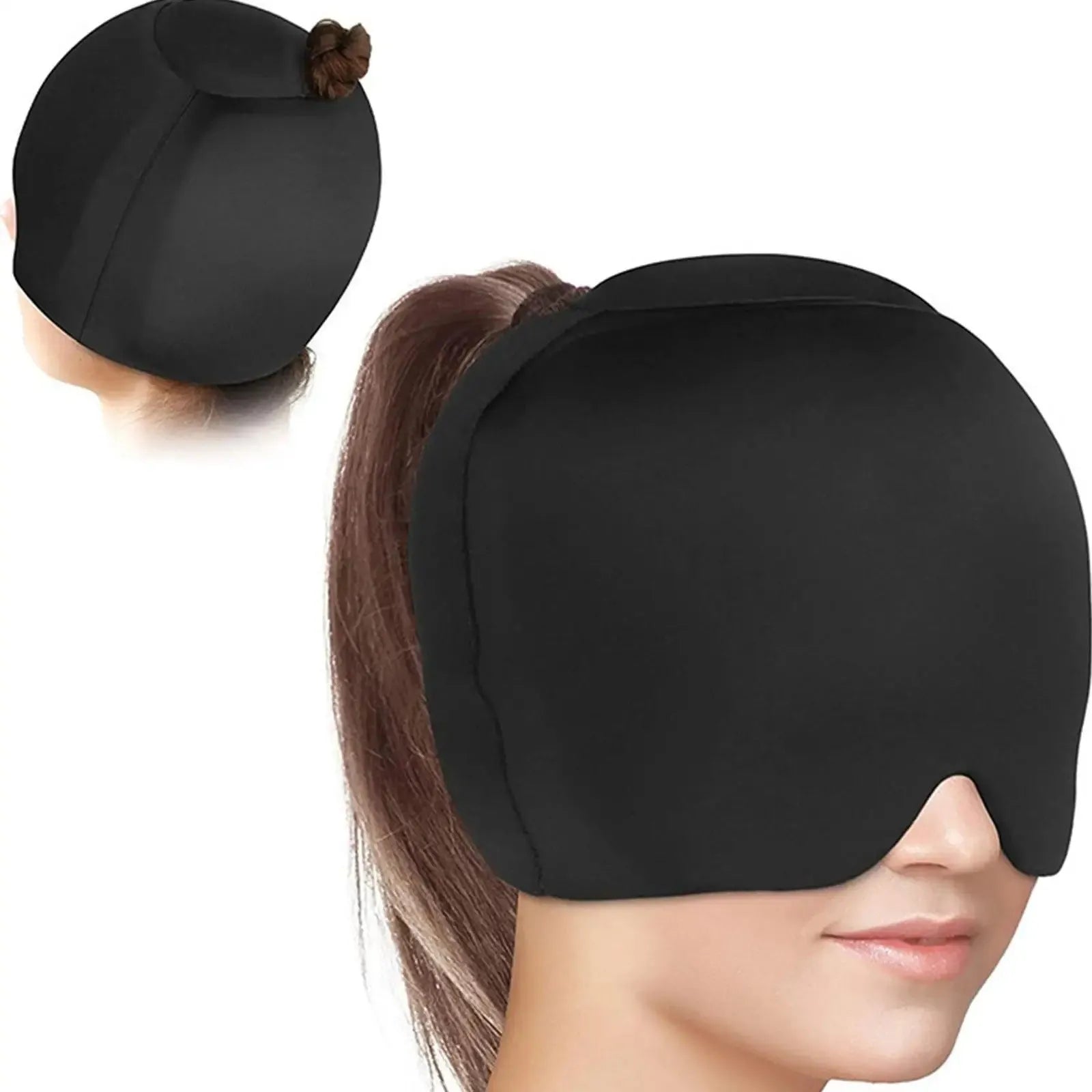 Simple solid colour cold compress cap in black, dark blue, or pink, made from polyester fabric.