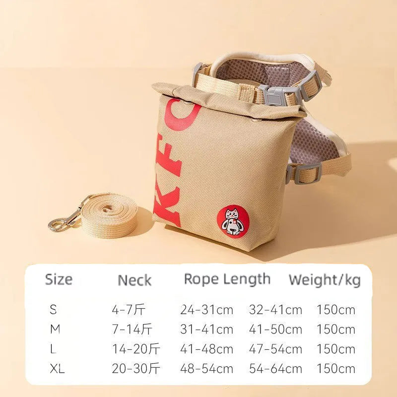 Cartoon hamburger design adjustable escape-proof vest and leash set for cats and dogs on a grey background.