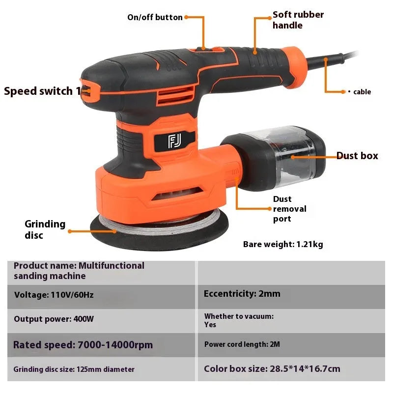 Multifunctional electric sander with speed control for woodworking polishing, includes abrasive disc and sandpaper