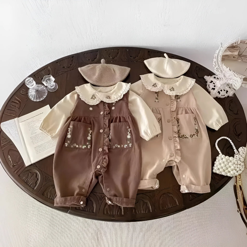 Cotton baby suspender pants suit with long-sleeve top and jumpsuit in khaki, brown, or base shirt, sizes 66cm to 100cm