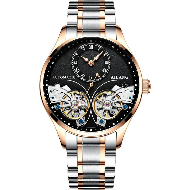 Automatic men's watch with tourbillon and moon phase on black steel strap