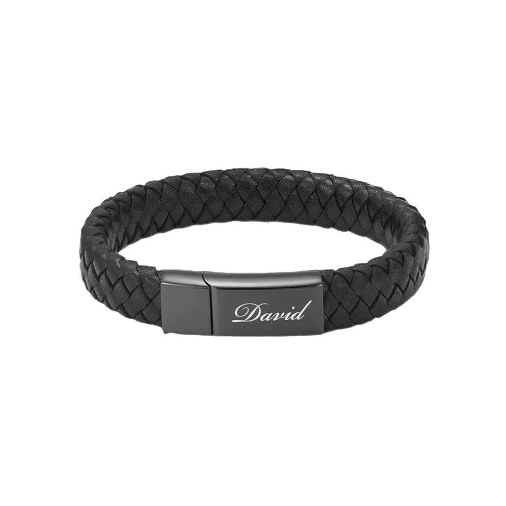 Black stainless steel and leather memorial bracelet with personalised lettering in a gift box.