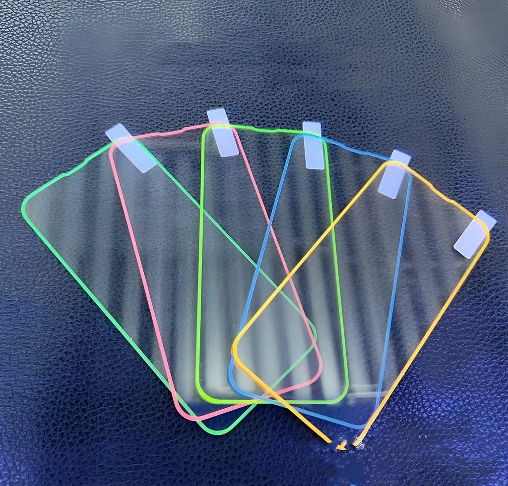 Fluorescent tempered glass full screen protector for iPhone in pink, yellow, green, blue, and grass green luminous colours.