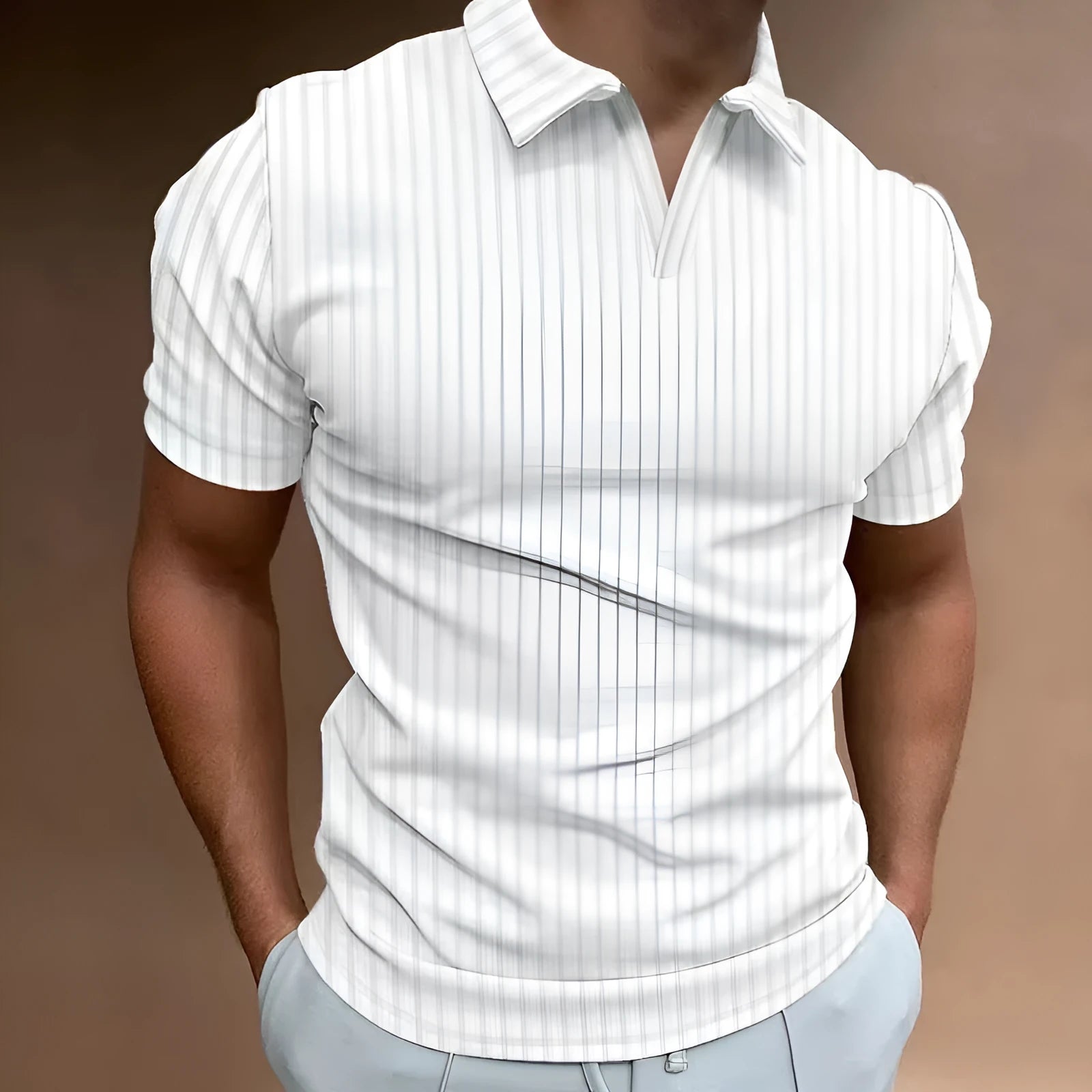 Men's striped v-neck polo shirt with short sleeves in various colour options