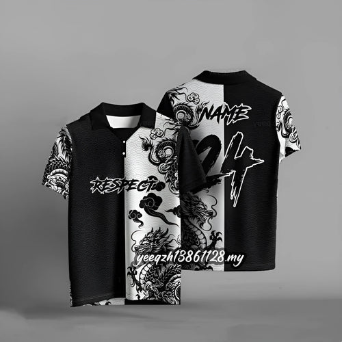 Black loose fit t-shirt with 3D digital printing design, short sleeves, available in sizes S through 6XL