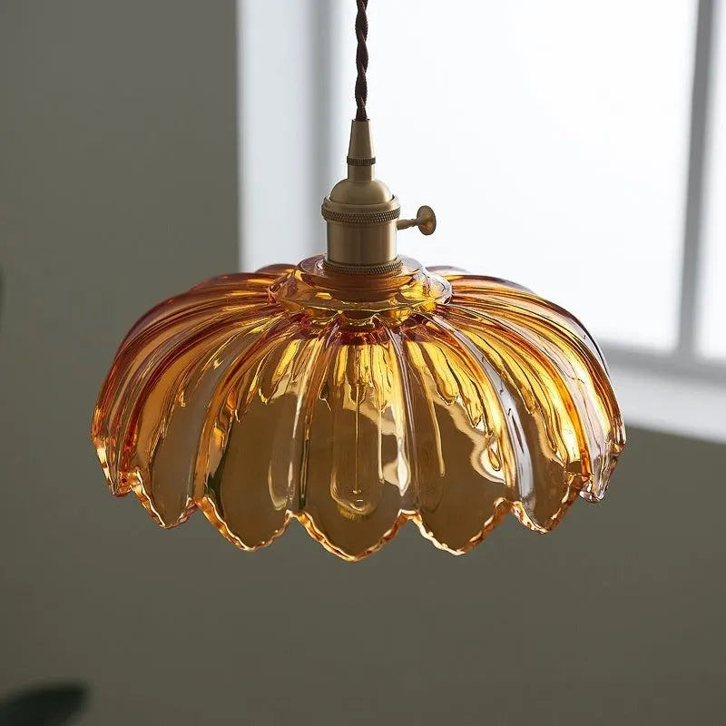Brass and glass chandelier with 26cm diameter shade in amber-yellow or clear, 220V, for dining room bedroom cafe bar