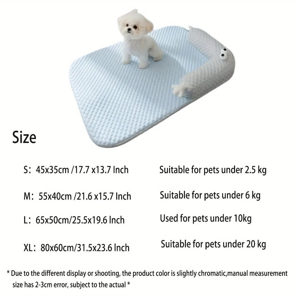 Blue pet bed with monster design showing breathable polyester fabric and non-slip base
