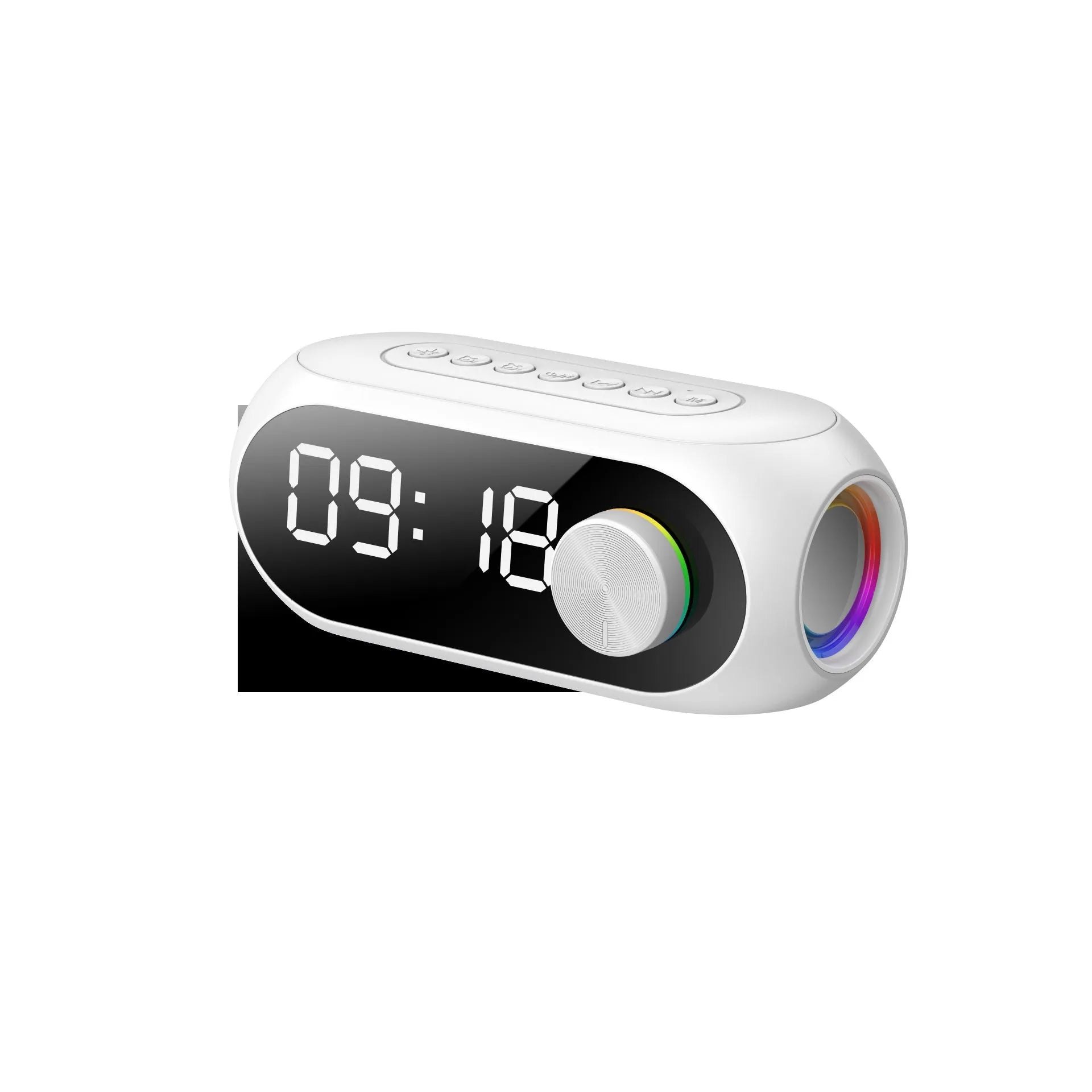 Portable mini Bluetooth speaker with digital clock display in black, white, or blue colour.