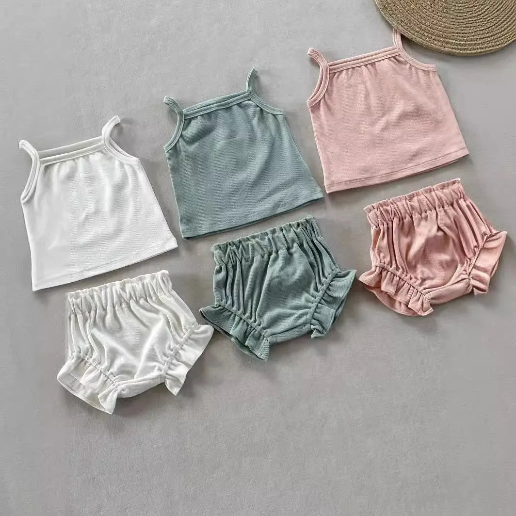 PP thin rib cotton baby girls' two-piece shorts set in coral pink with pullover blouse