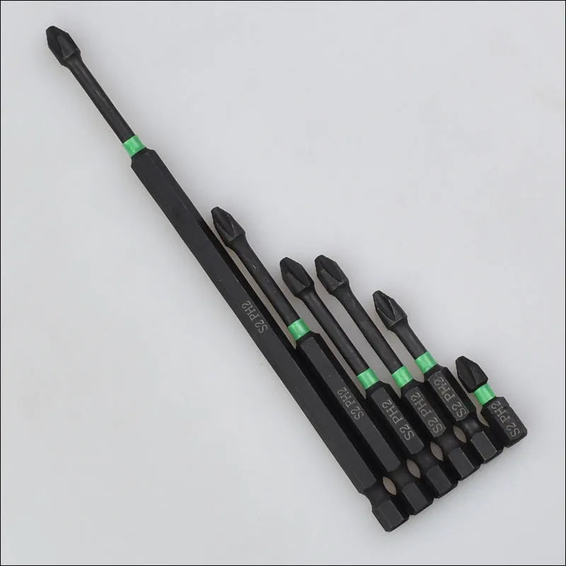 Six cross batch head screwdriver bits made from S2 alloy steel, each 50mm long with a magnetic tip, arranged on a plain background.